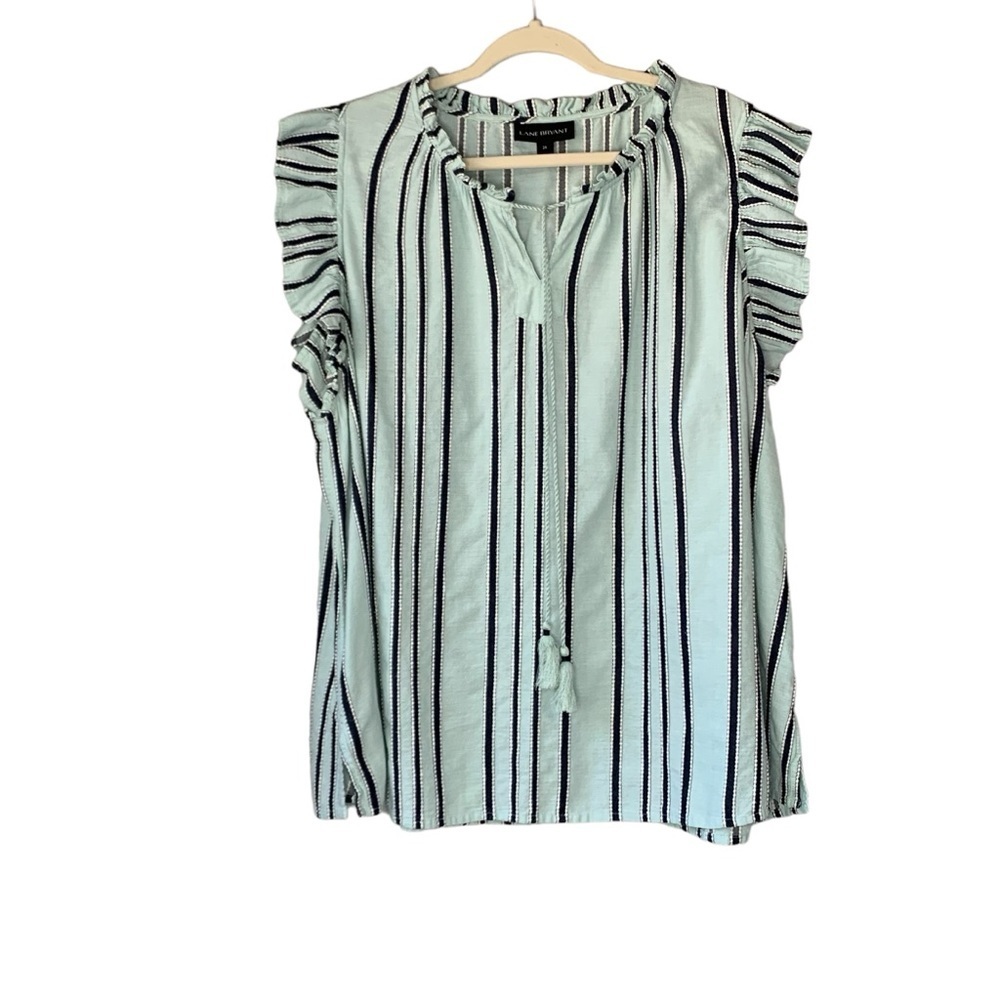 Lane Bryant light blue green striped ruffle cap sleeve blouse. Size 24